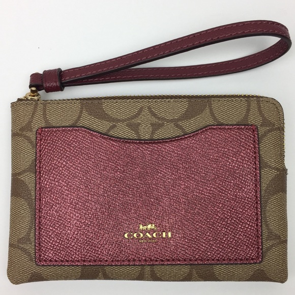 Coach Handbags - Coach Corner Zip Wristlet Khaki Metallic Cherry